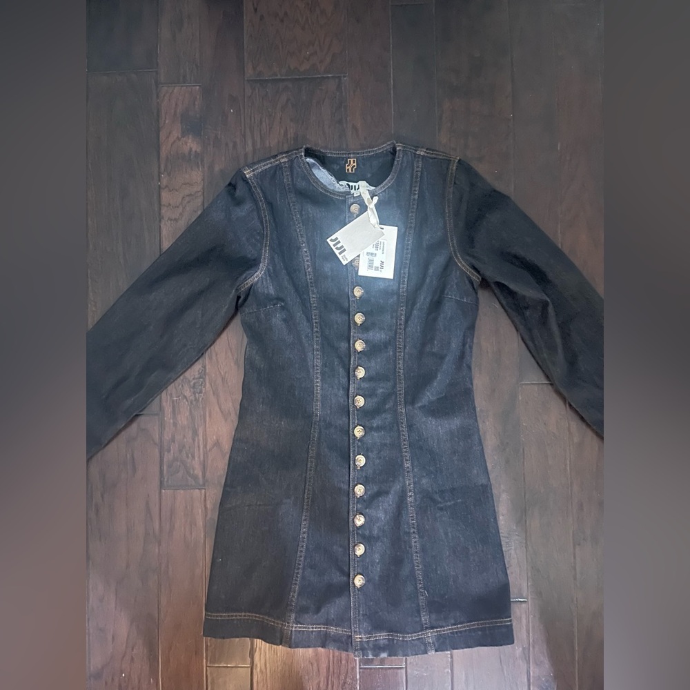 Boutique Dark Denim Mini Dress with Gold Buttons